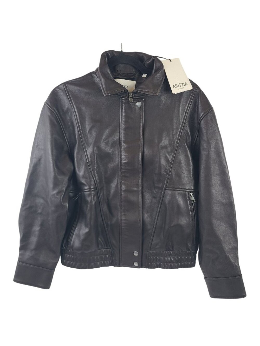 NEW Aritzia Rae Leather Bomber Jacket Sz XS Dark Coffee